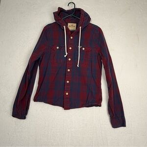 Hollister Women’s Plaid Hooded Flannel Shirt Burgundy/Blue Size L